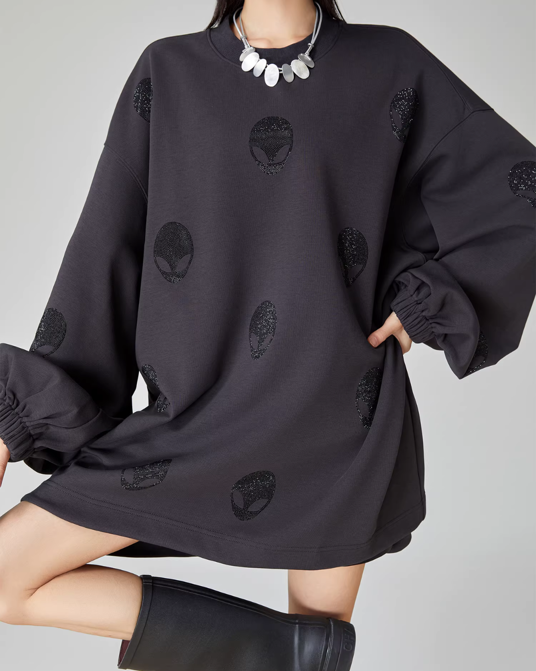Black Rhinestone Sweatshirt Dress FER0068