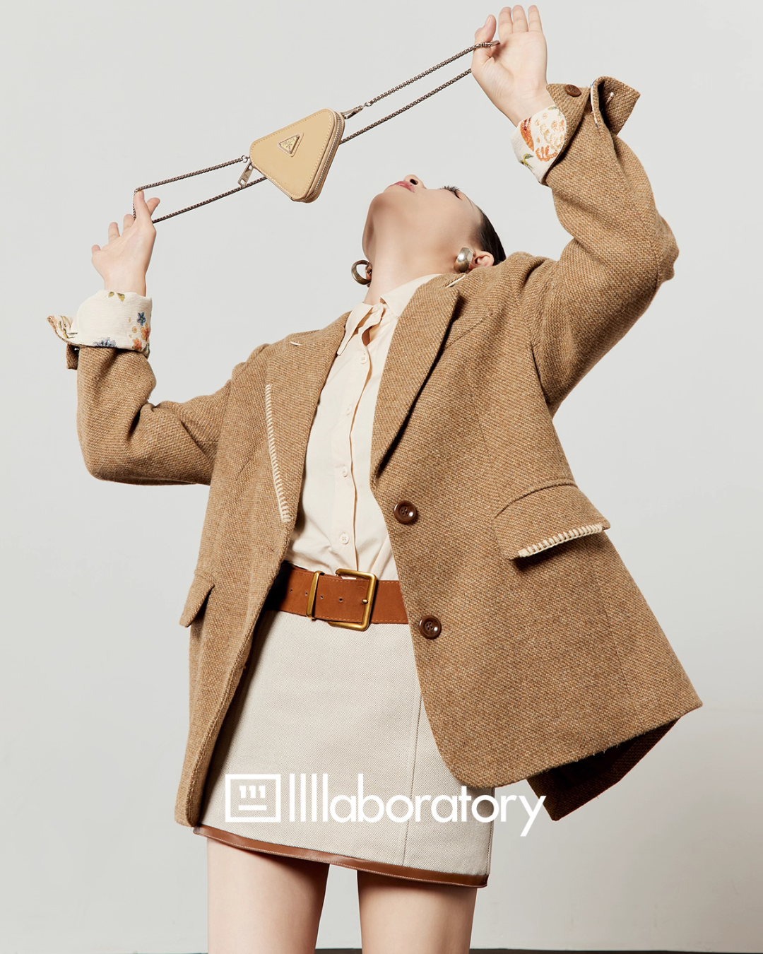 Retro Light Camel Jacket / Apricot Shirt / Mini Skirt LLA0541