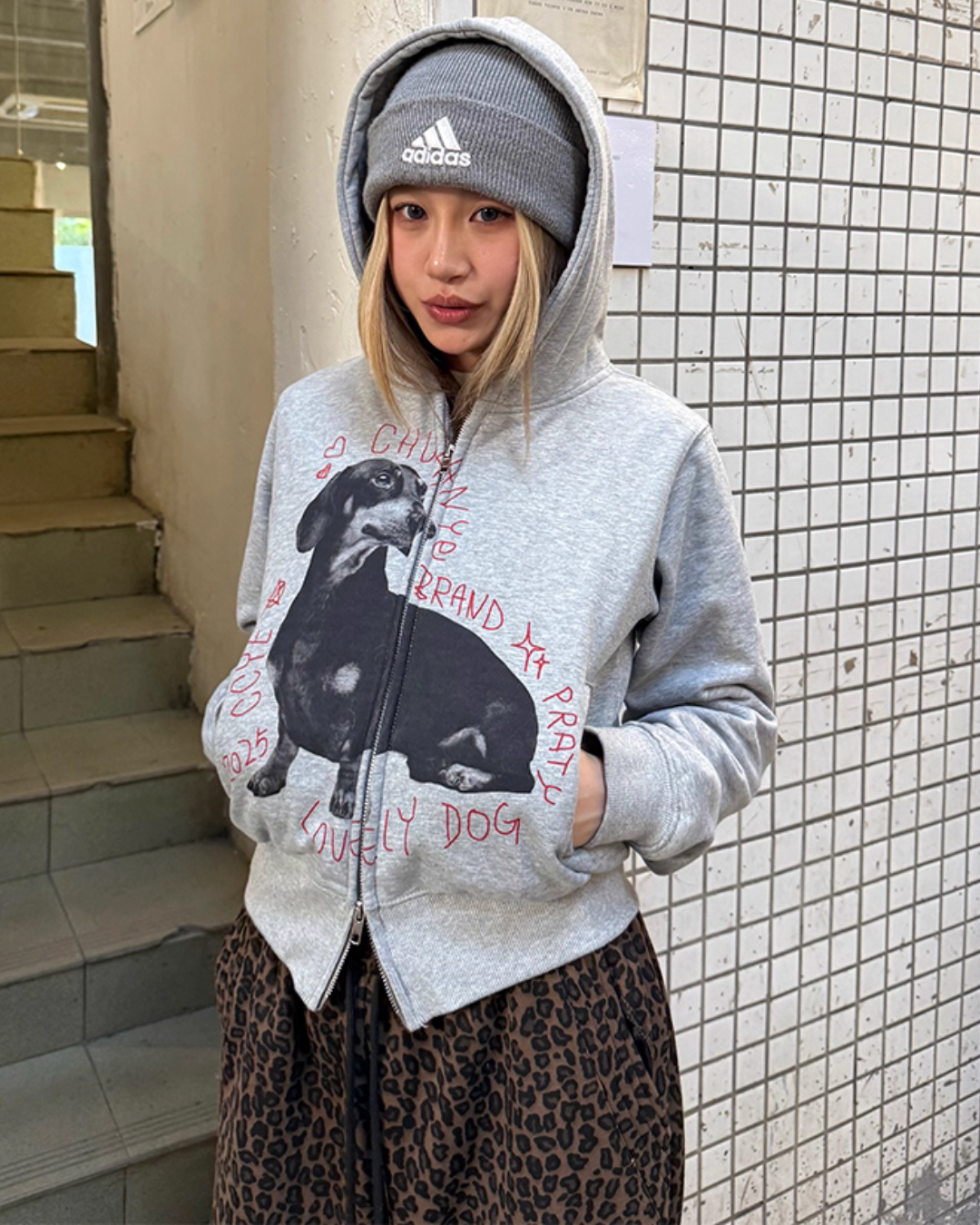 Dog Print Double Zip Hoodie CYE0066