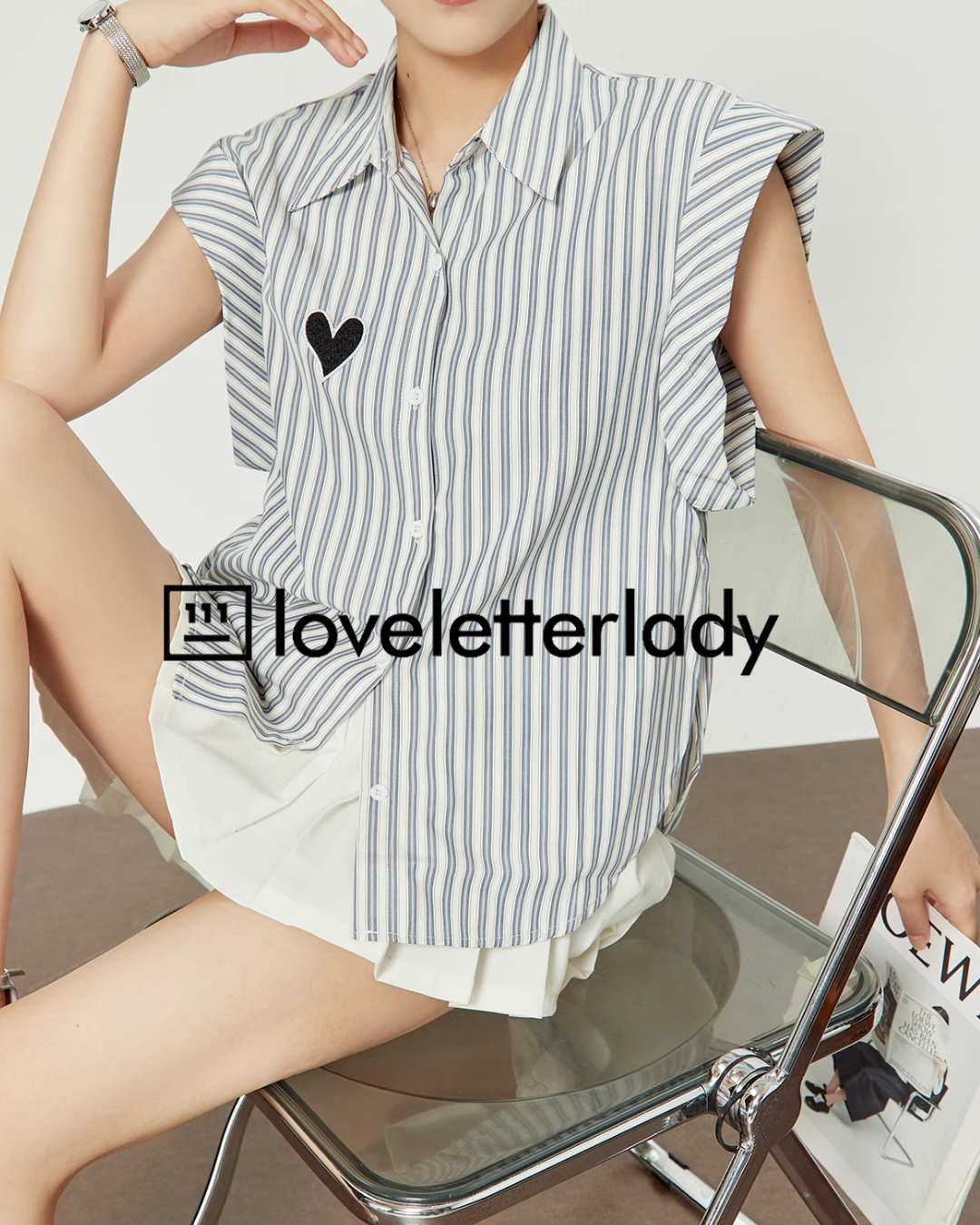 Heart Embroidered Striped Shirt / Flared Mini Skirt LLA0093