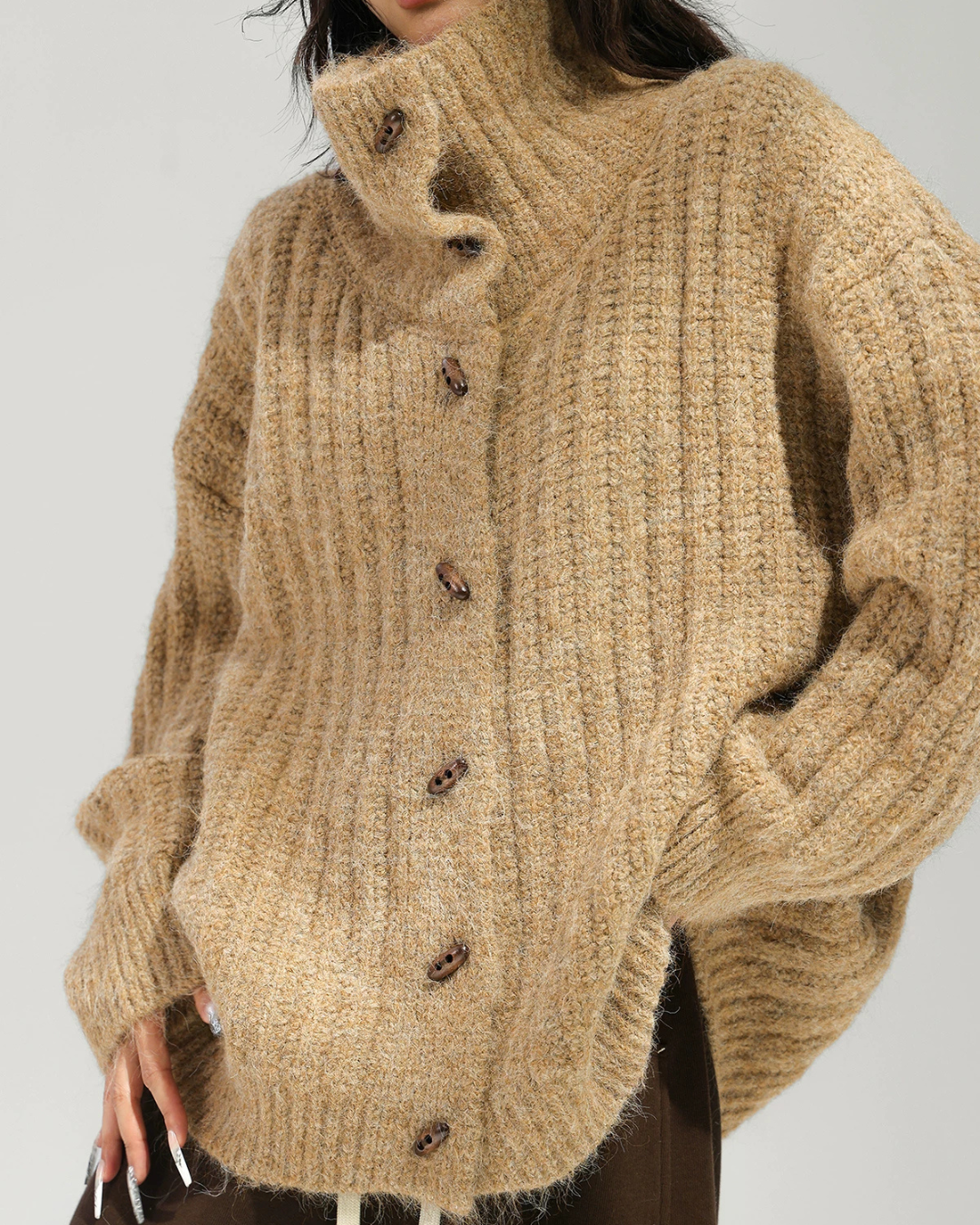 Stand Collar Ribbed Knit Cardigan ACS0392