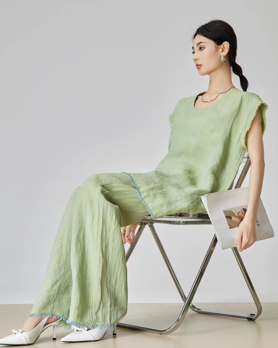 Green Linen Loose Tops / Long Pants FER0007