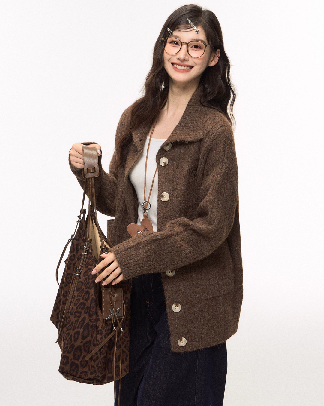 Stand Collar Knit Cardigan/Wide Denim Pants ELS0015