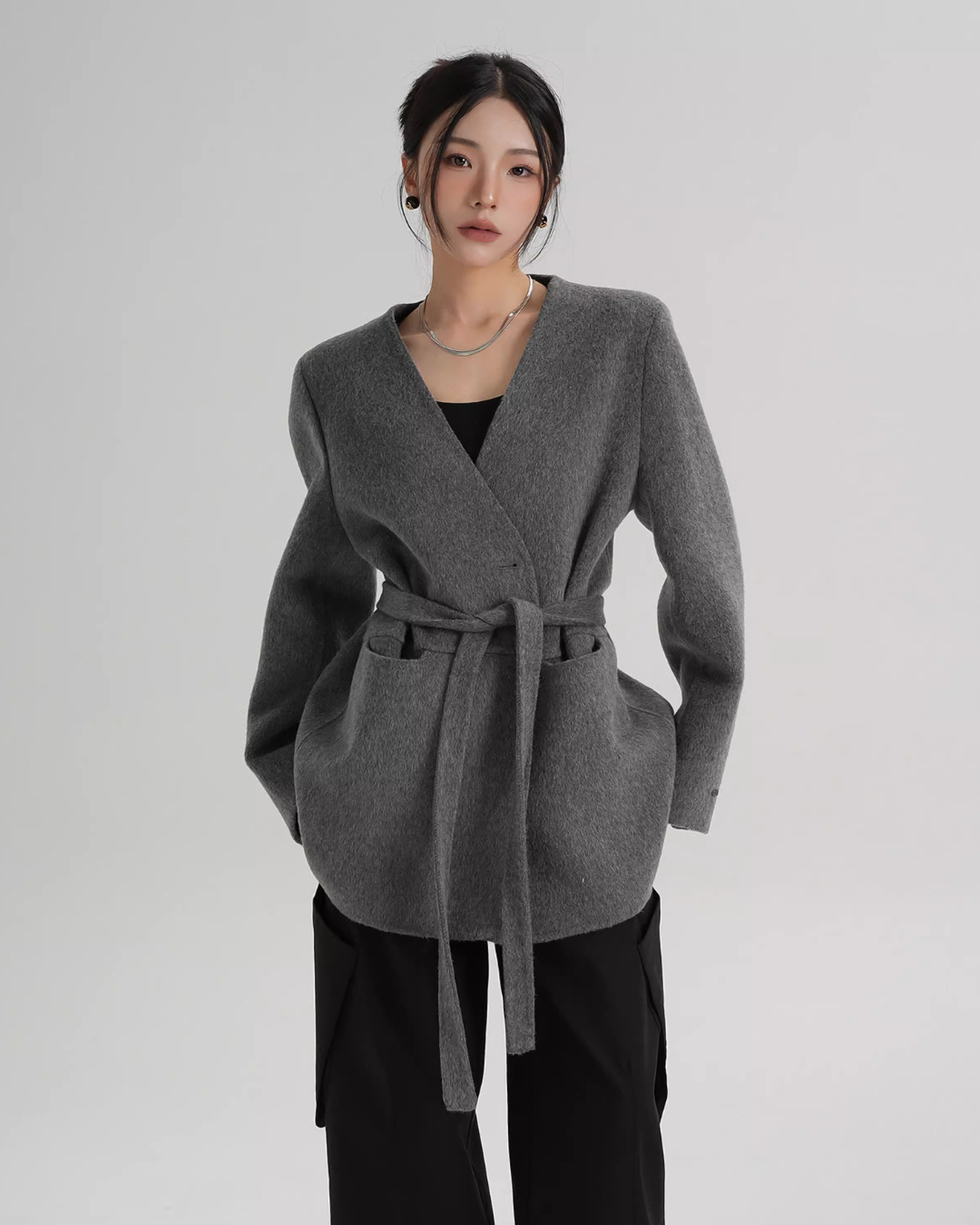 Collarless Wool Coat with Choker SRS0393