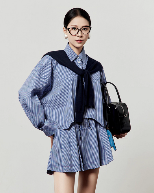 Blue Check Long Sleeve Shirt / Relaxed Mini Skirt LLA0513