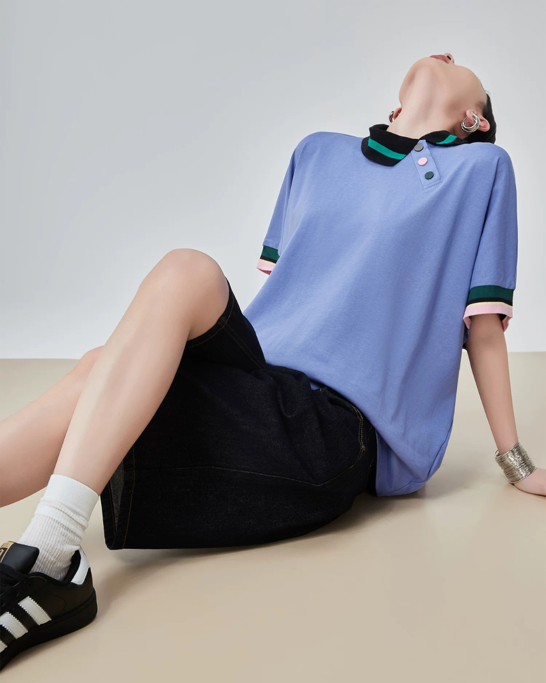 Color-Block Rib Asymmetric Neck T-shirt FER0245
