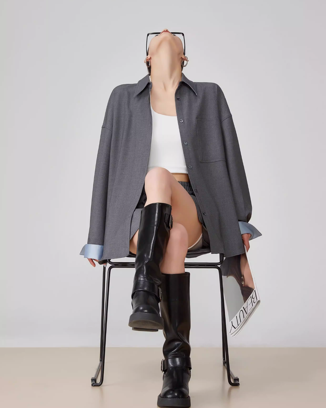 Gray Collared Long-Sleeve Shirt / Shorts FER0064