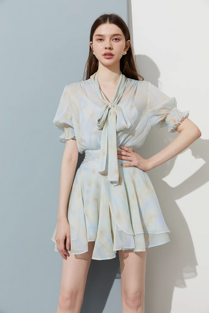 Puff Sleeve Ribbon Blouse Dress DPY0005