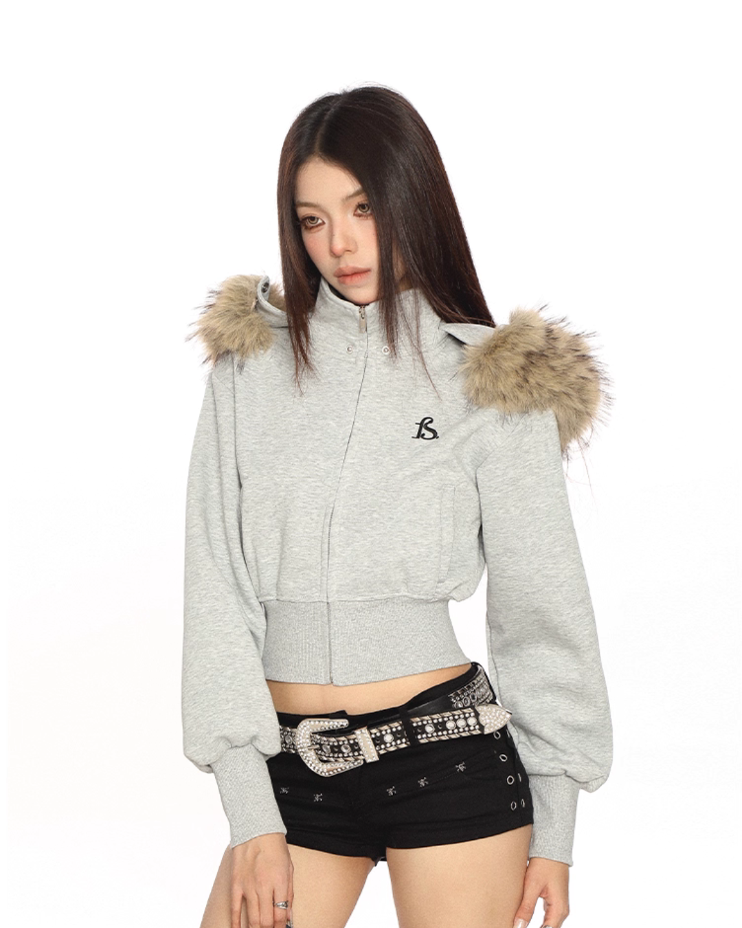 Fur Cropped Zip Up Hoodie BGS0013