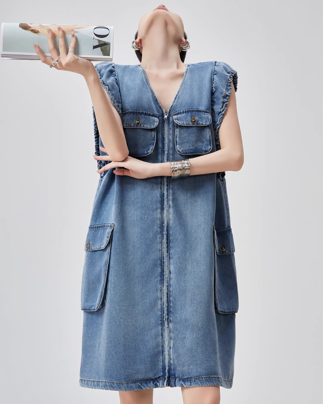 V-Neck Sleeveless Denim Dress FER0115
