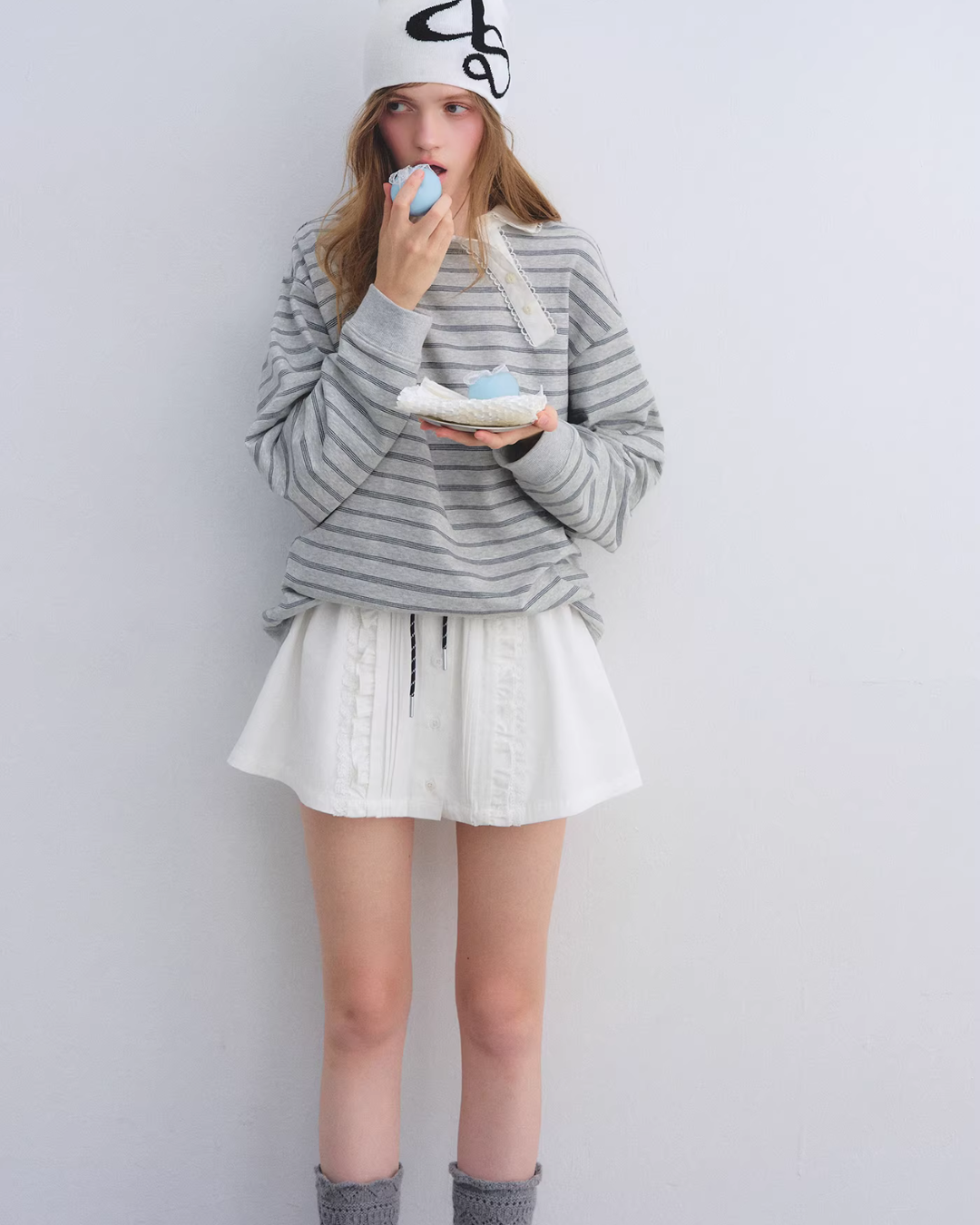 Button Lace Collar Striped Top ASG0085