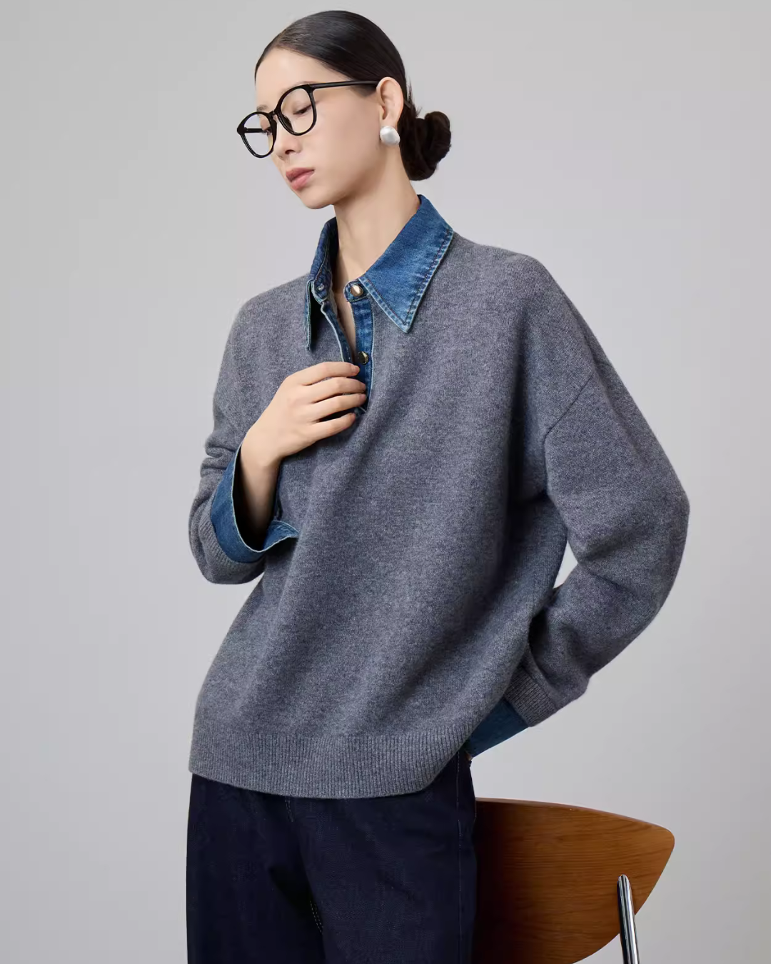 Denim Shirt Docking Knit Top SUY0025