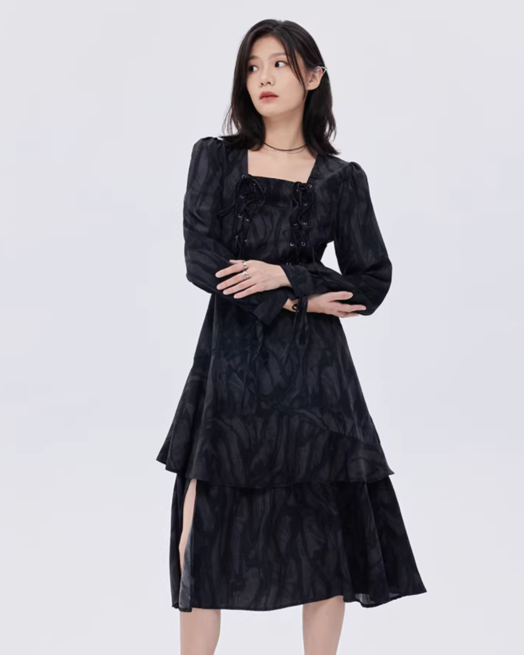 Marble Mid-Length Black Dress SHN0051