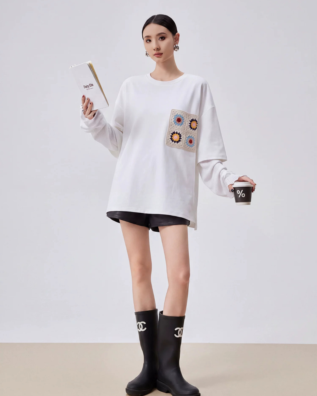 Crochet Flower Pocket Oversized Top FER0367