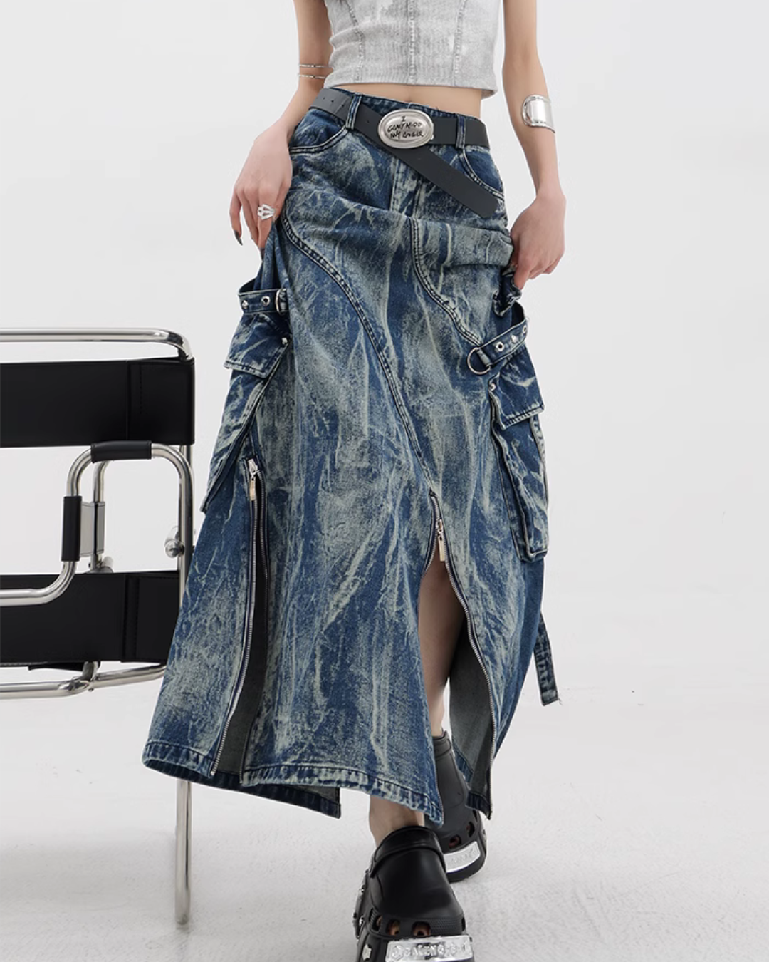 Vintage Wash Design Long Denim Skirt KNH0007