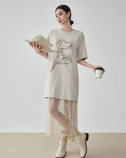 Flower Motif T-Shirt / Sparkling Mesh Skirt FER0151