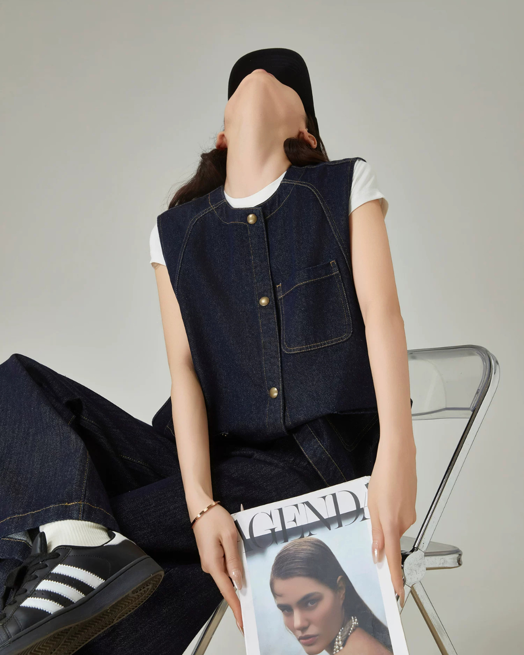 Collarless Denim Vest / Denim Wide Pants FER0144
