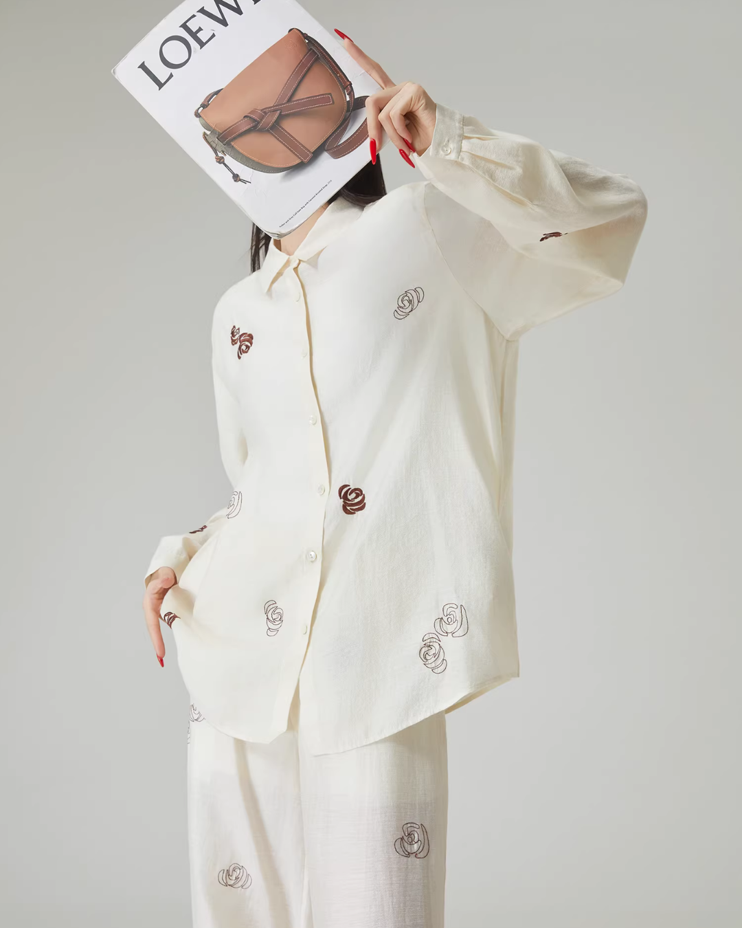 Rose Embroidered Long-Sleeve Shirt / Wide Pants FER0101