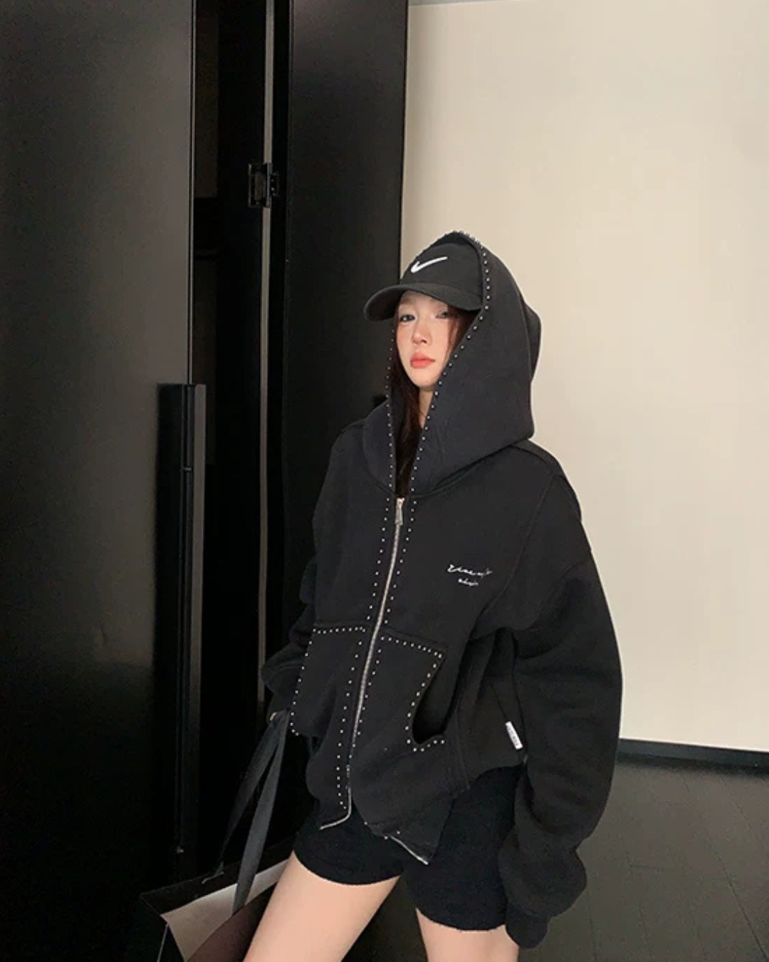 Studded Design Hooded Zip Jacket YLS1033