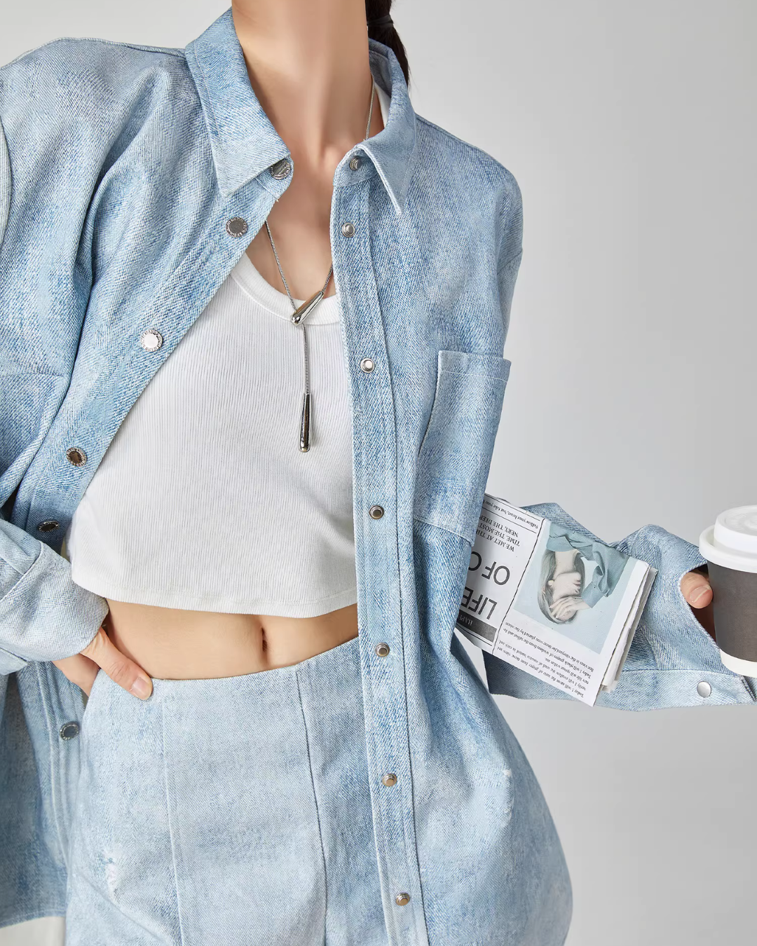 Denim Long-Sleeve Shirt / High-Waisted Shorts FER0076