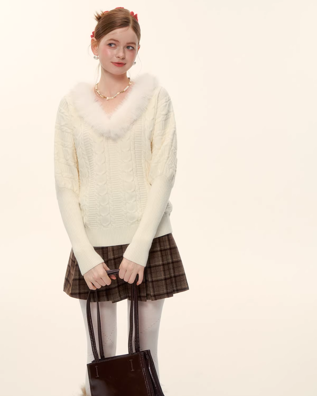 Fur Collar Cable Knit Top ASG0077