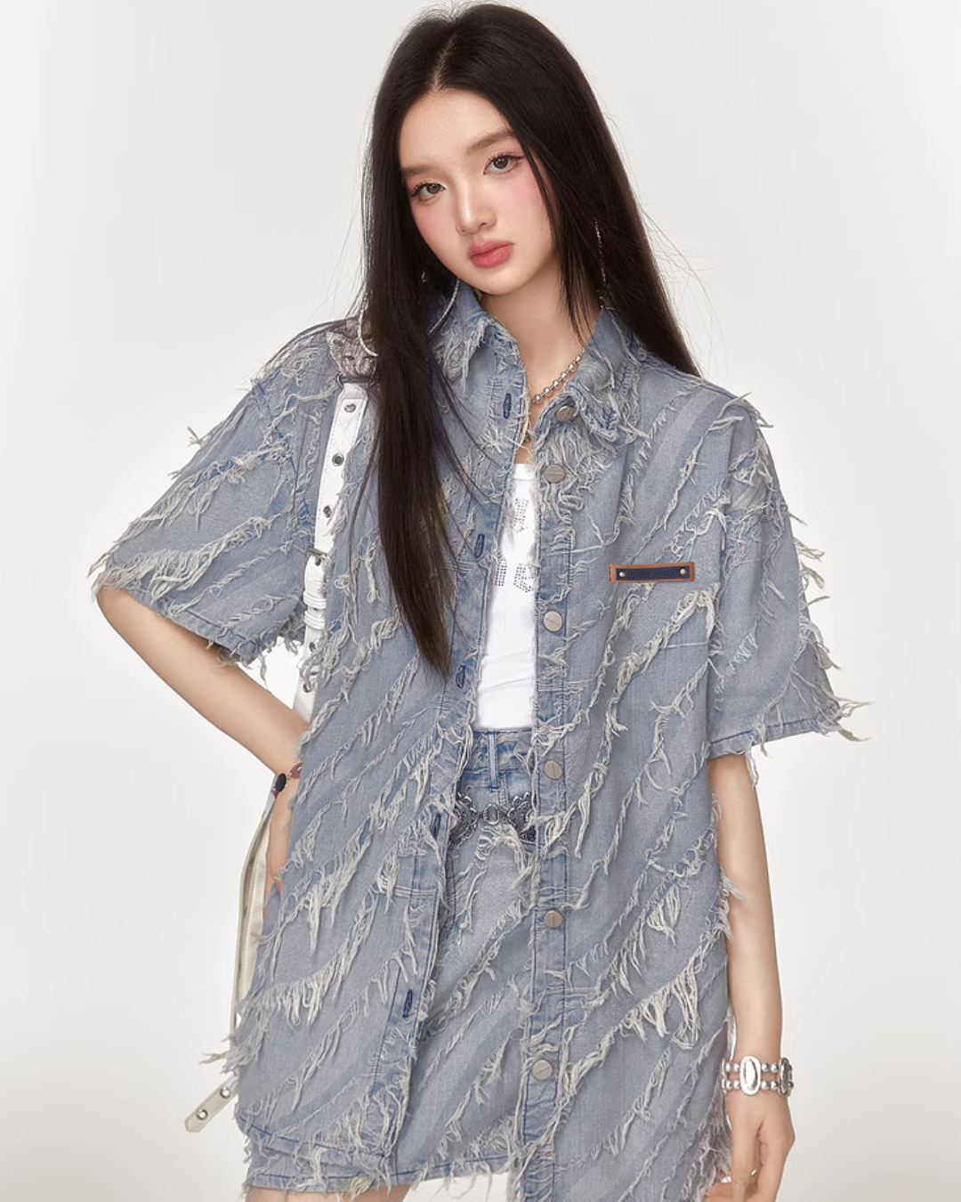 Fringe Retro Denim Shirt / Denim Mini Skirt EPU0013