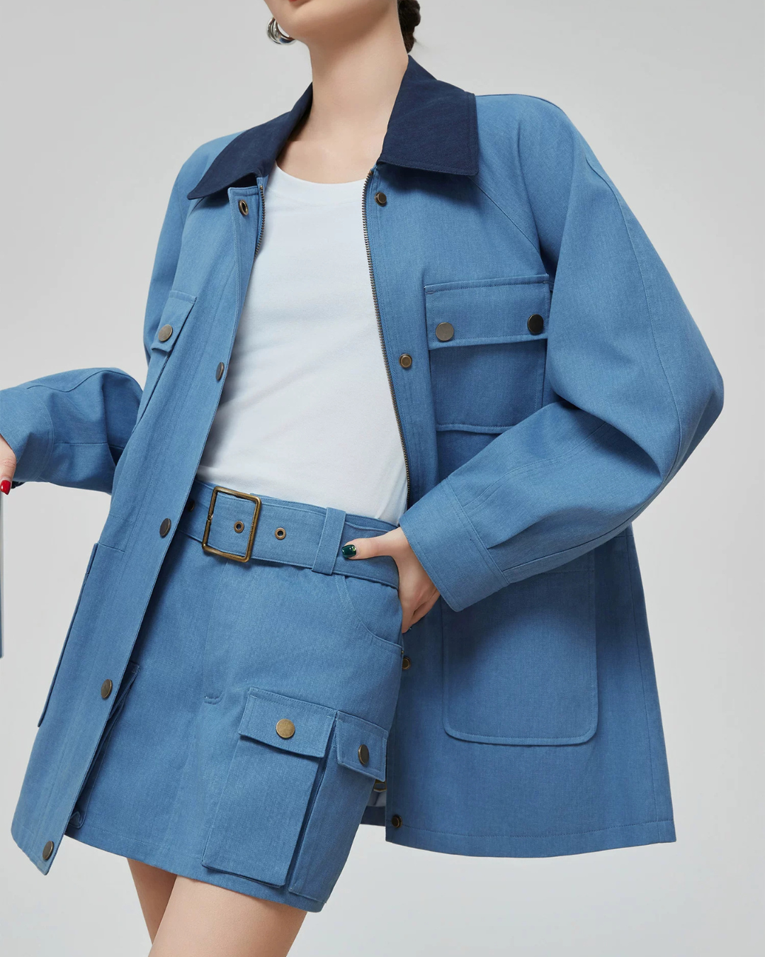 Blue Turn Collar Jacket / Work Skirt FER0376