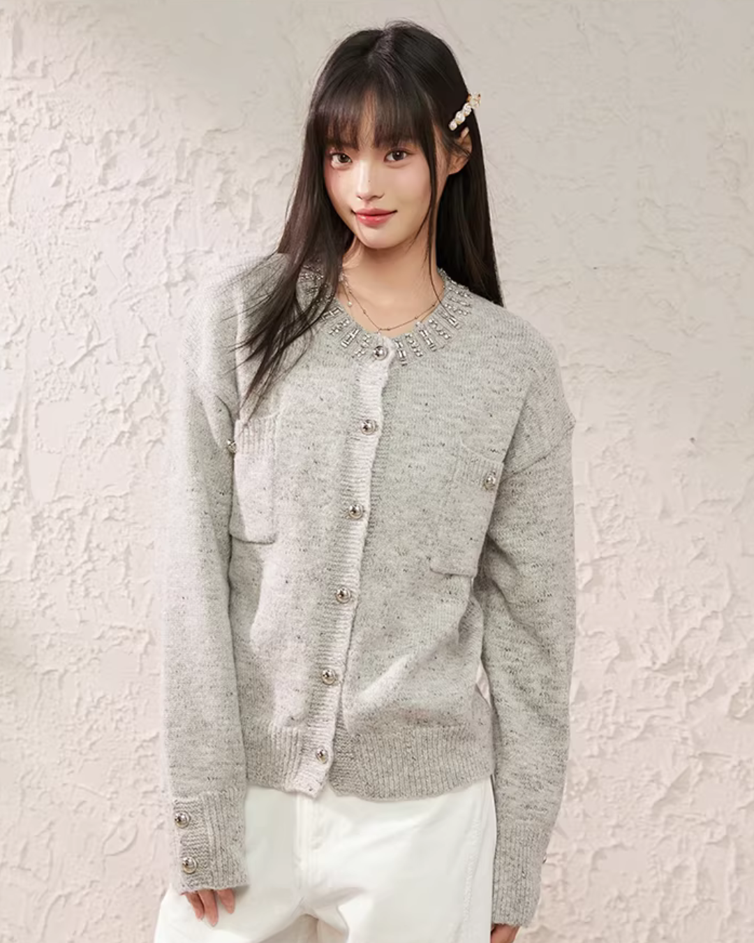 Speckled Rhinestone Knit Cardigan / Rhinestone Flash Jeans  KIP0010