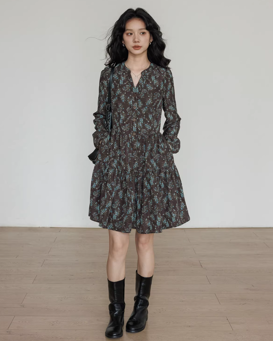 V-Neck Printed Waist Shirt Dress VAS0194