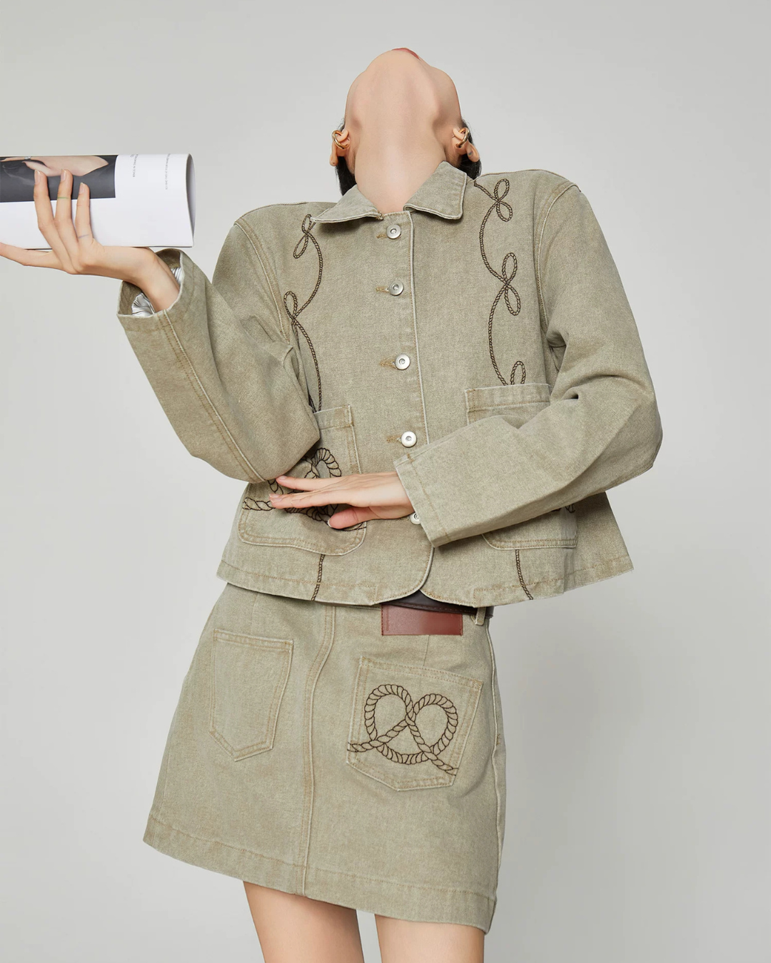 Retro Rope Embroidered Jacket / Mini Skirt FER0391