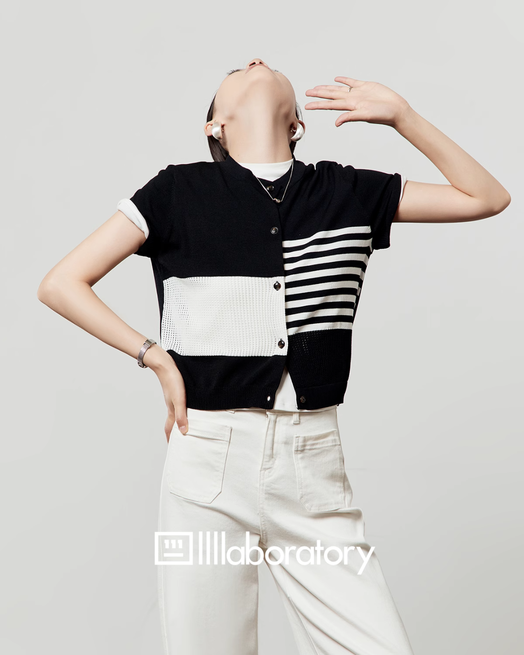 Color Block Stripe Knit / White Denim Pants LLA0496