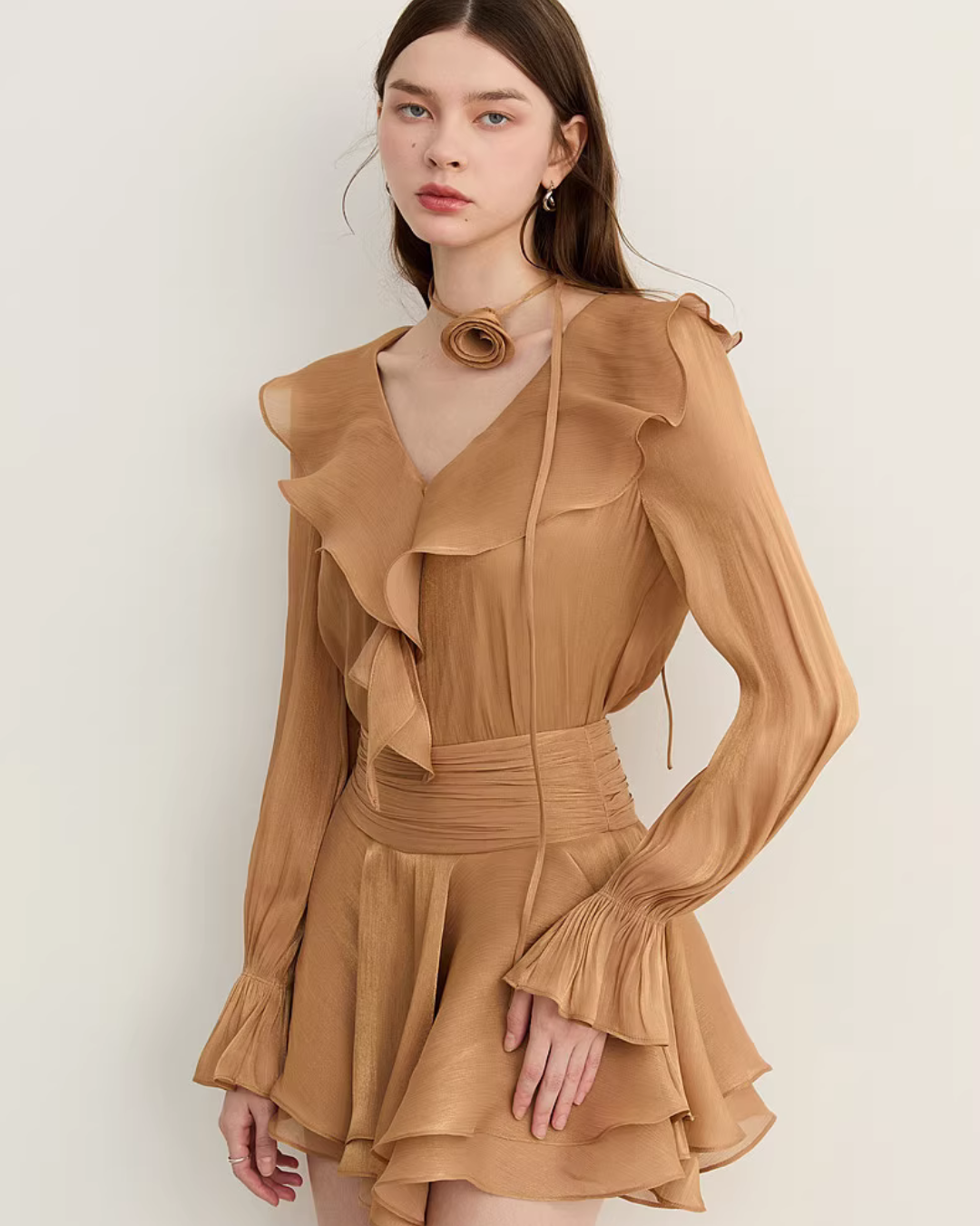 Ruffled Long-sleeve Top / Flared Mini Skirt DPY0076