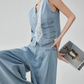 Denim V-neck Vest / Denim Wide Relaxed Pants FER0269