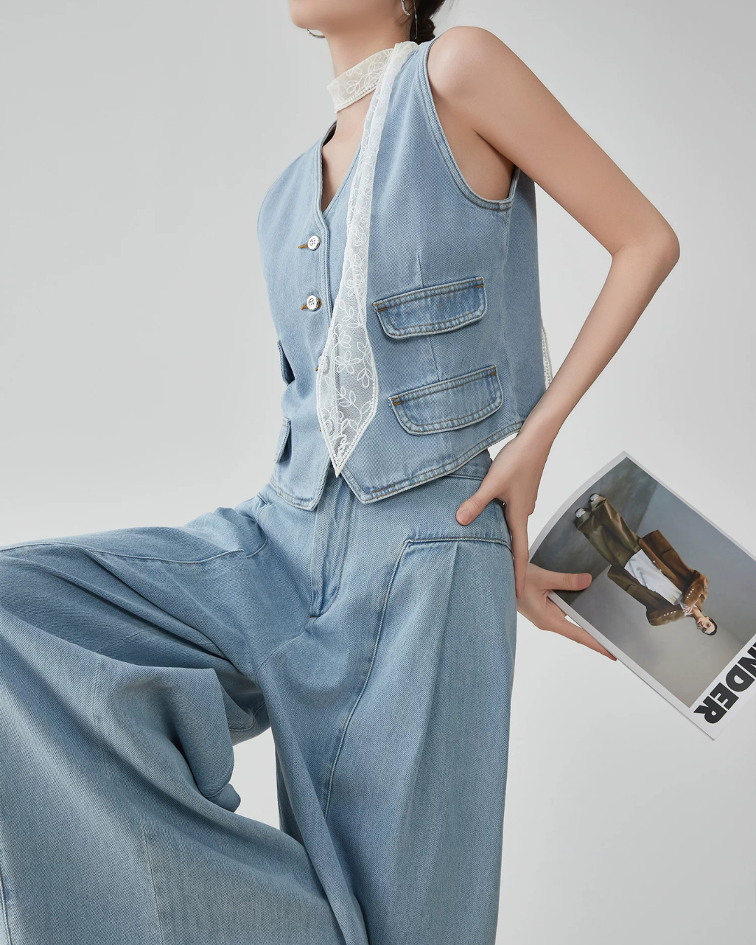 Denim V-neck Vest / Denim Wide Relaxed Pants FER0269