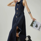 Gold Button Denim Sleeveless Dress FER0132
