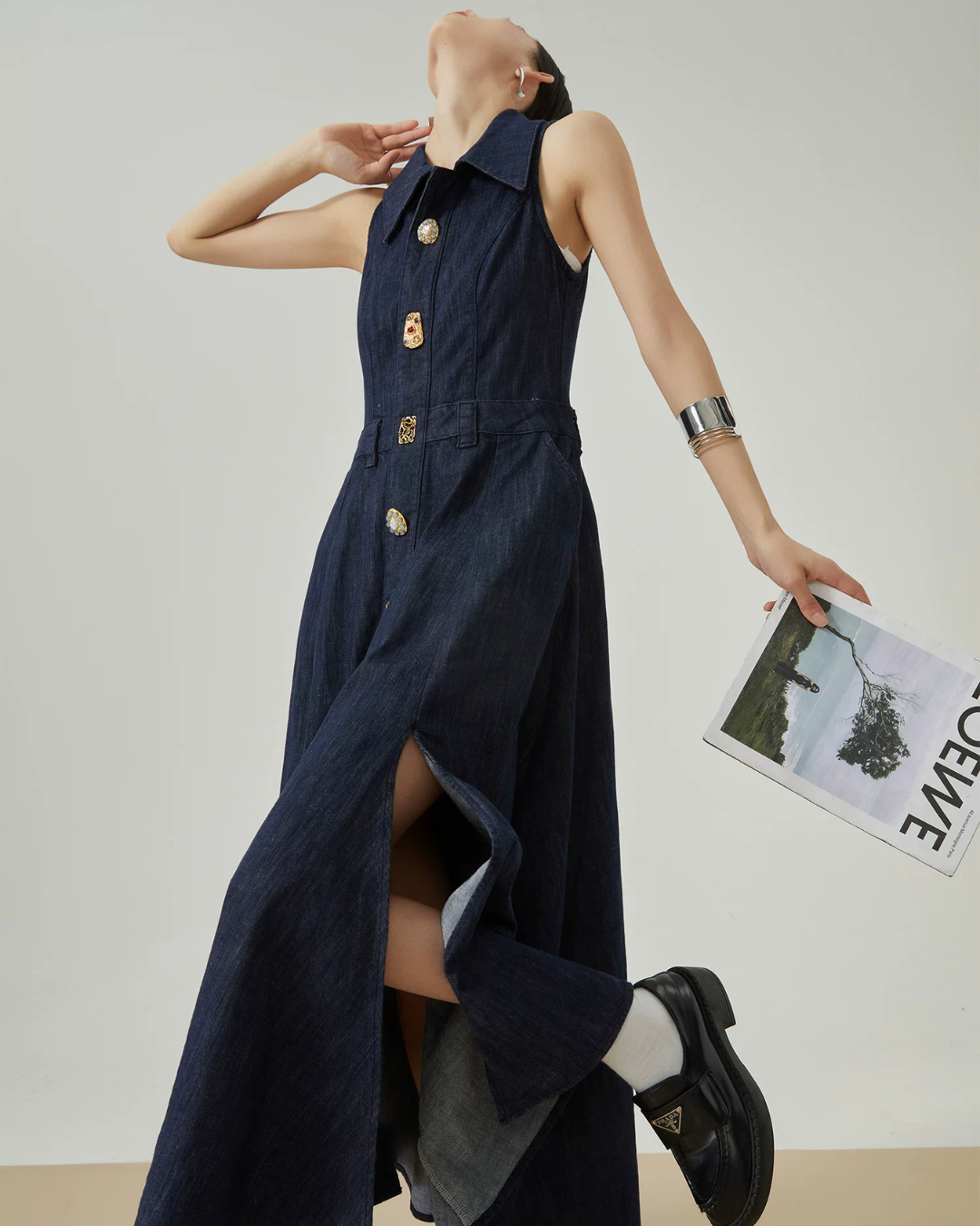 Gold Button Denim Sleeveless Dress FER0132