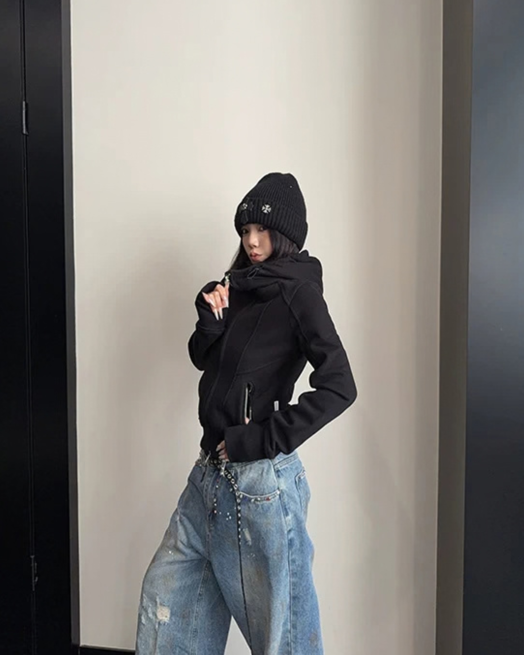 High-Neck Hooded Zip-Up Hoodie YLS1057