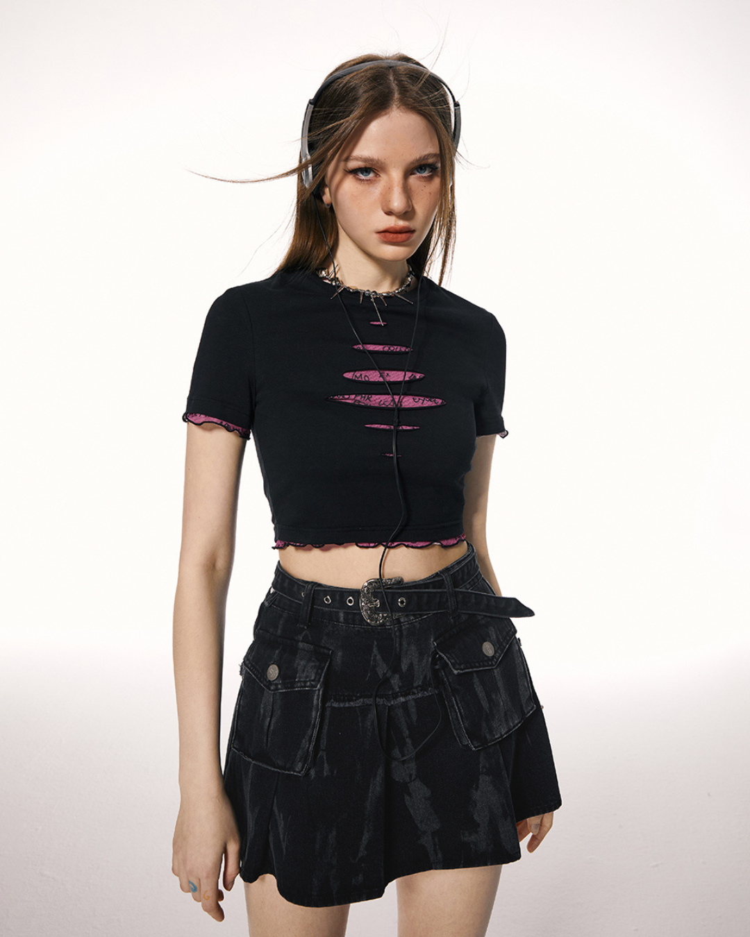 American Layered Style Cropped T-Shirt IMO0066