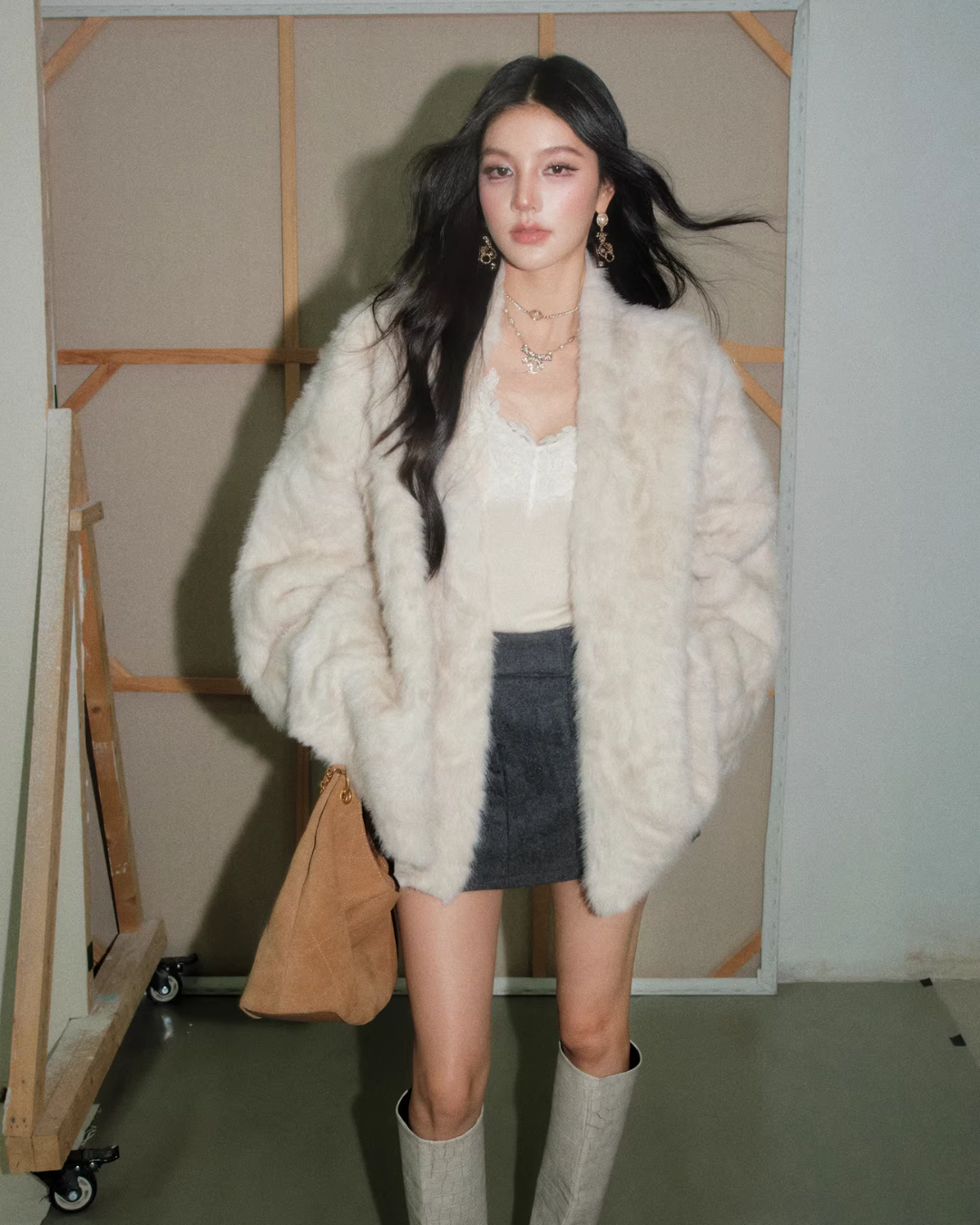 Collarless Fur Coat/Mini Skirt OLD0003