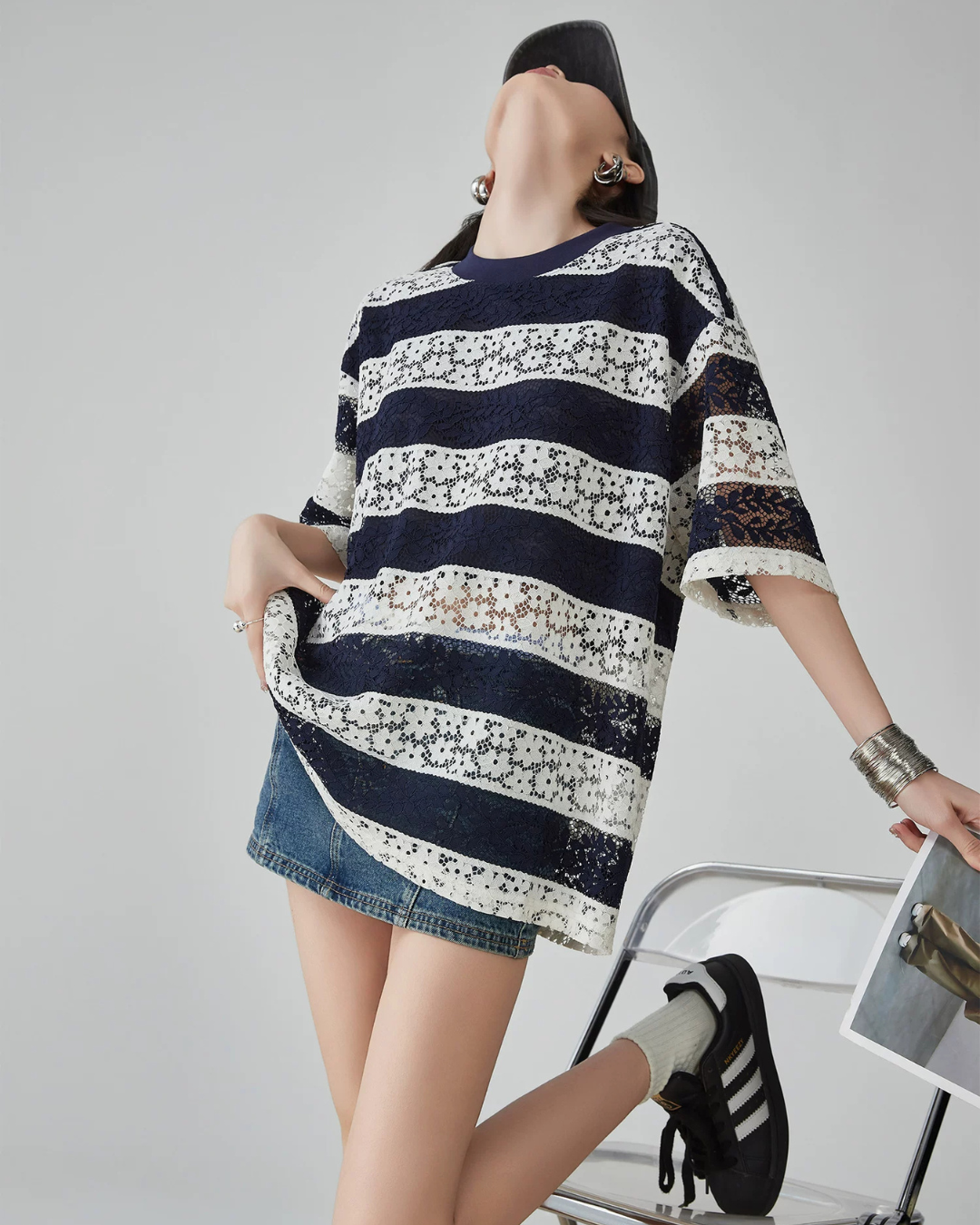 Sheer Lace Border Oversized T-Shirt FER0237