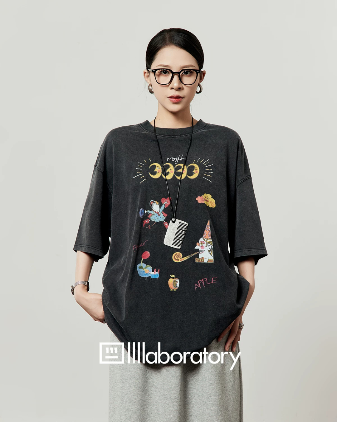 Vintage Print Short-Sleeve T-Shirt / Sweat Long Skirt LLA0653