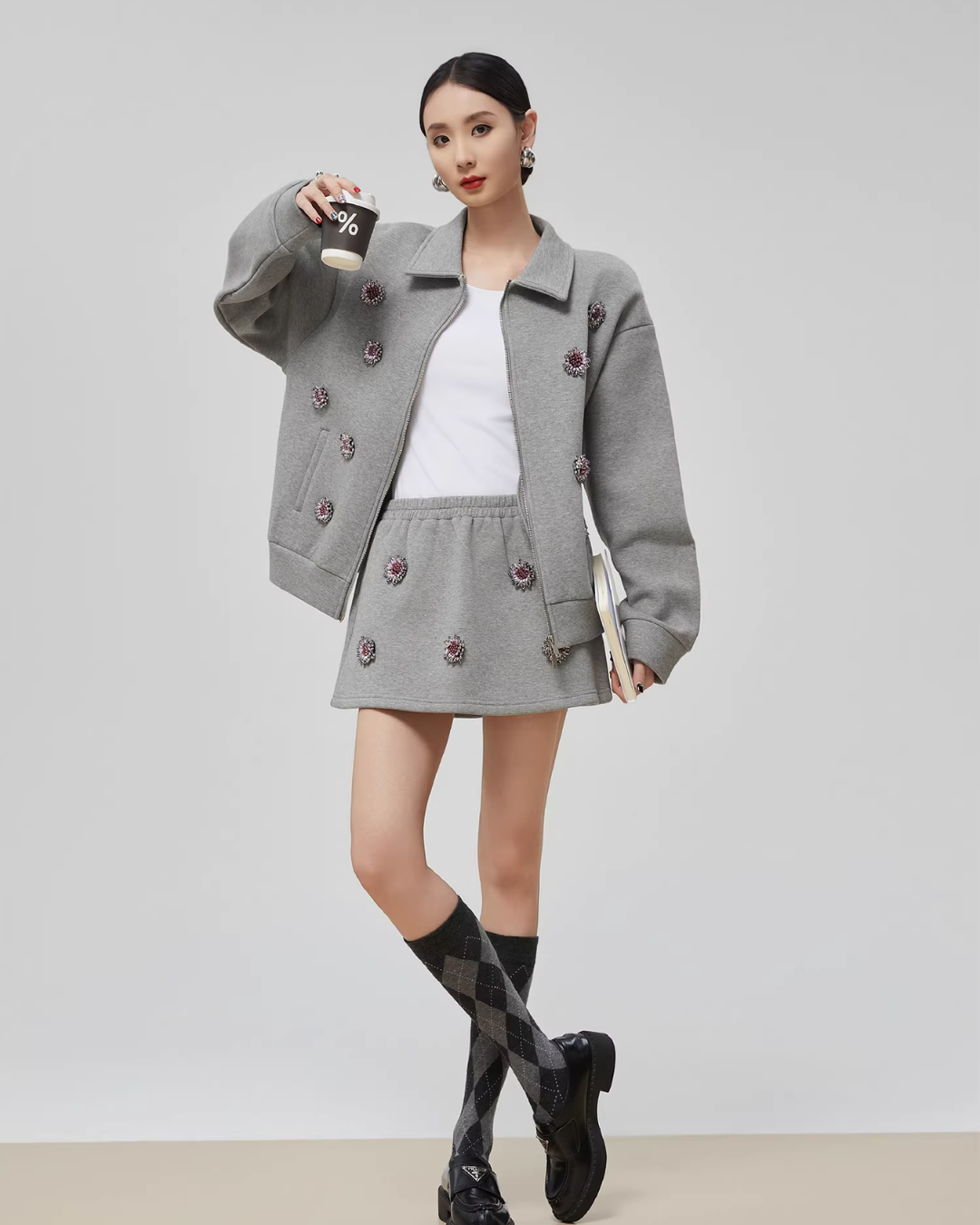 Gray Rhinestone Long-Sleeve Jacket / High-Waist Skirt FER0065