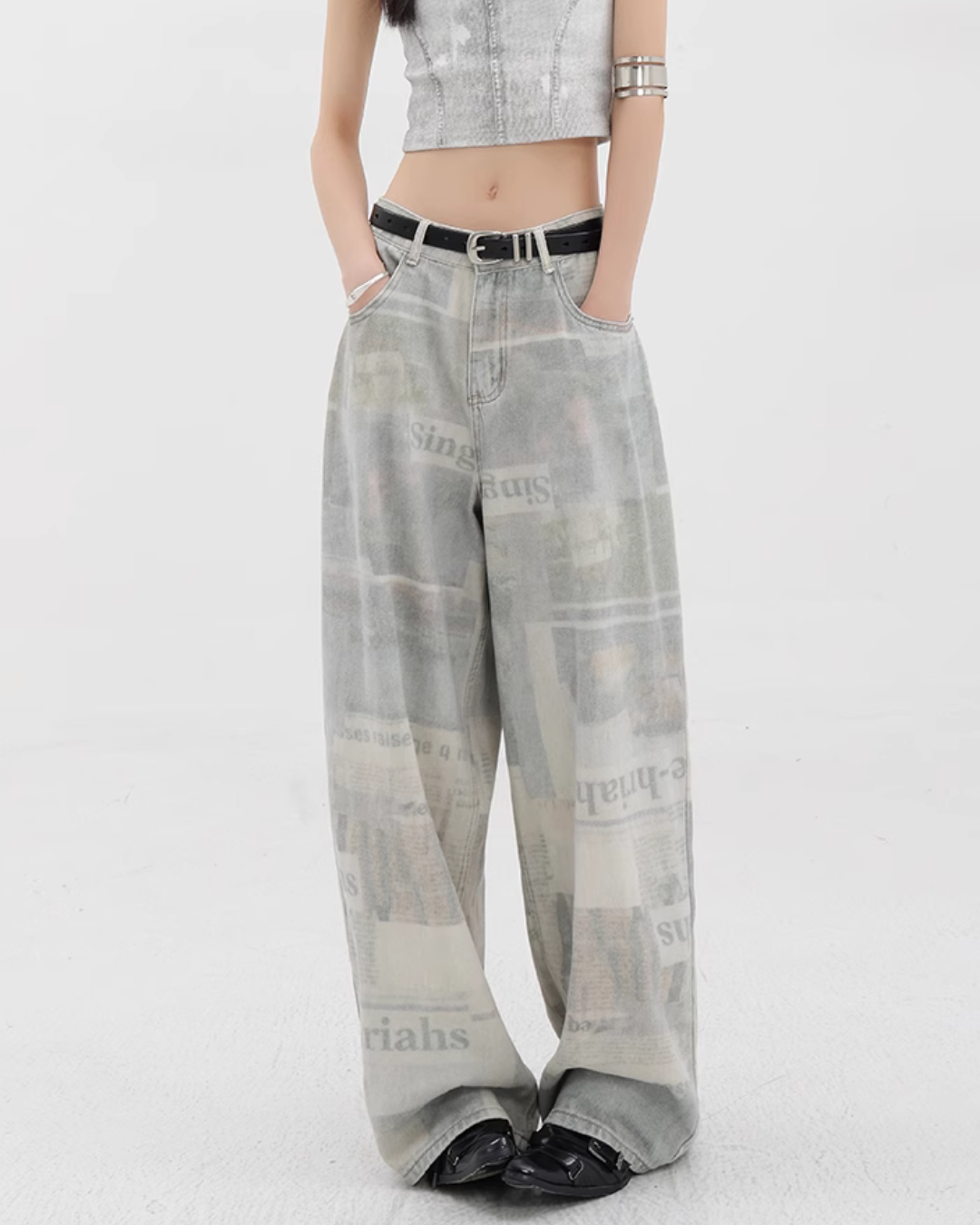 News Paper Print Wide Pants KNH0005