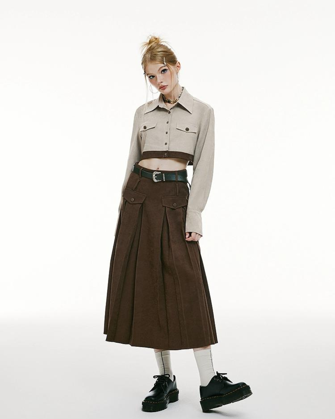 Short High Waisted Shirt＆Pleated Long Skirt IMO0101