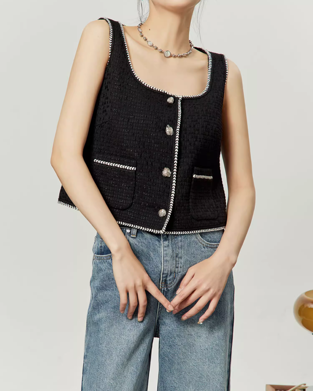 Round Neck Tweed Vest LLA0169