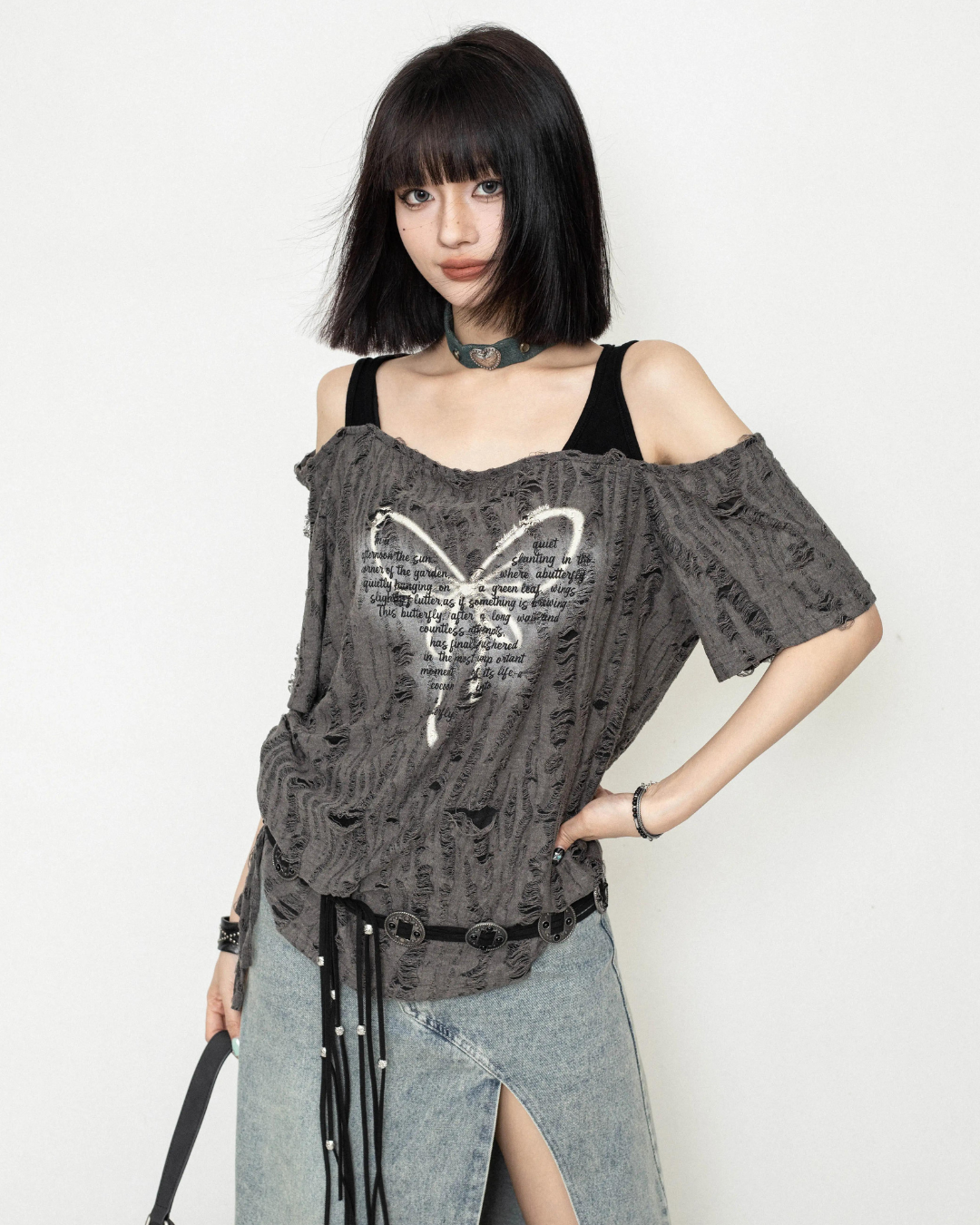 Layered Off Shoulder Damage Tops ZRS0068