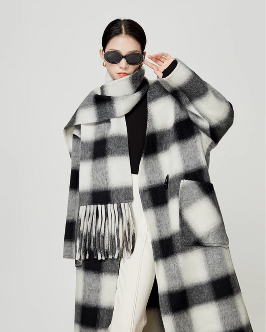 Retro Contrast Paid Long Coat / Muffler LLA0368