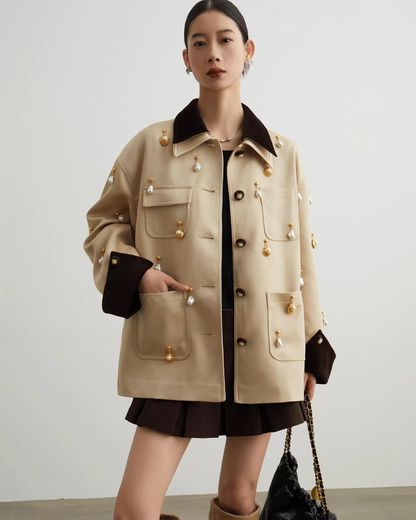 Pearl Satin Jacket / Brown Mini Skirt SUY0013