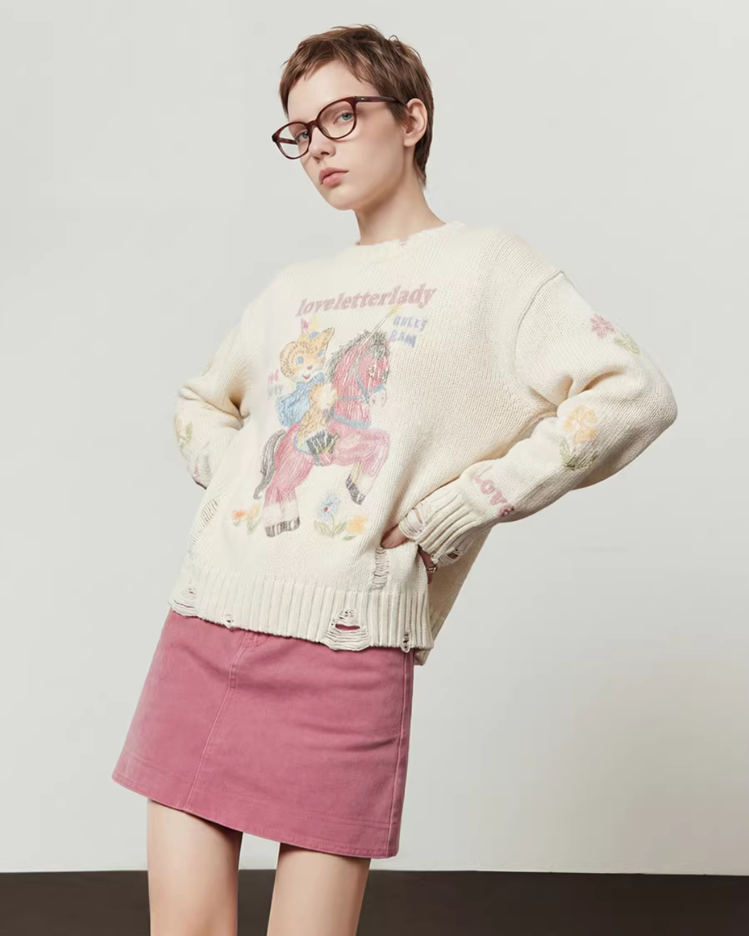 Crew Neck Printed Top / Pink Mini Skirt LLA0631