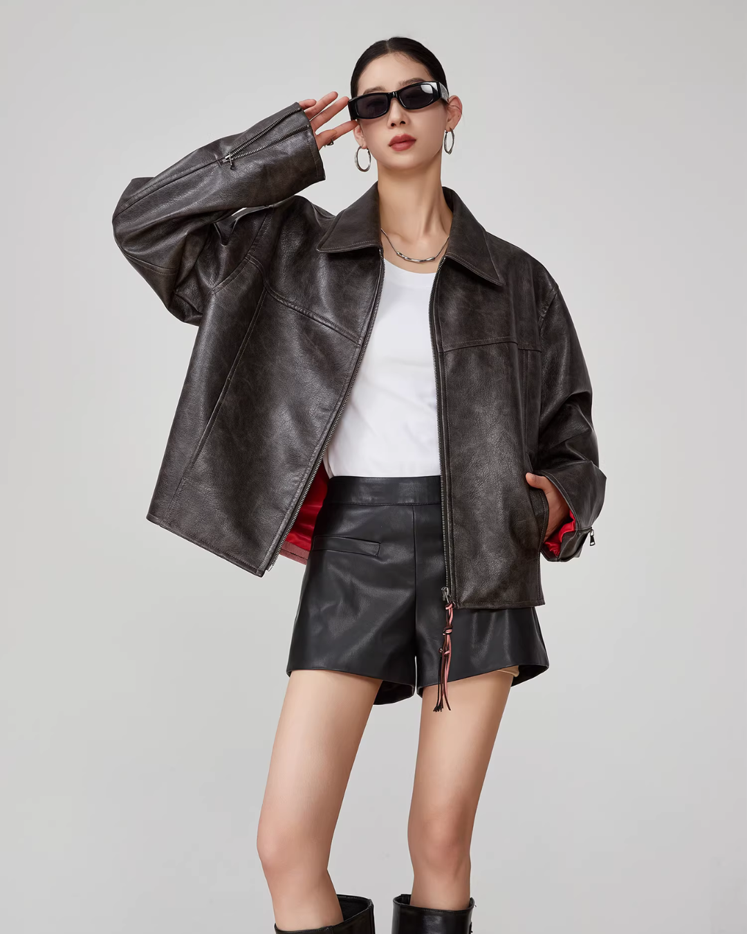 Cat Patch Embroidery Leather Jacket FER0062